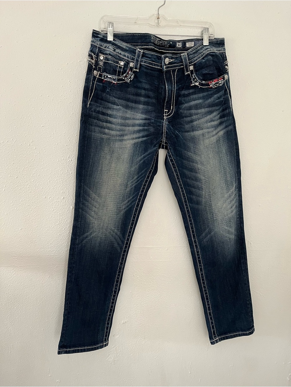 Miss Me Dark Blue Slim Straight Jeans with Embroidered Pockets
